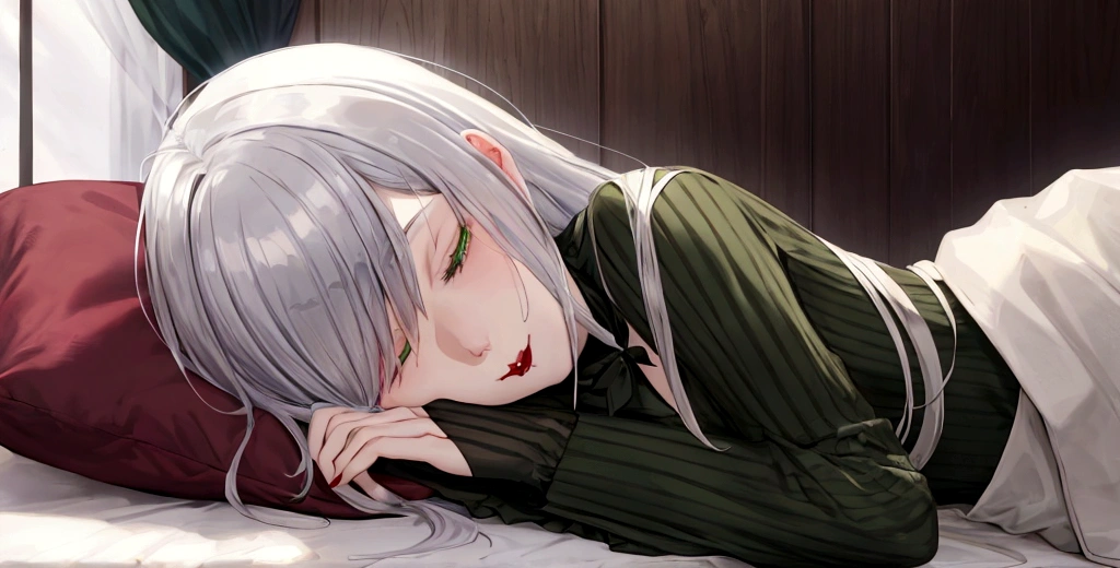 vampire,Silver Haired Girl,Green Eyes,Sleeping in bed
