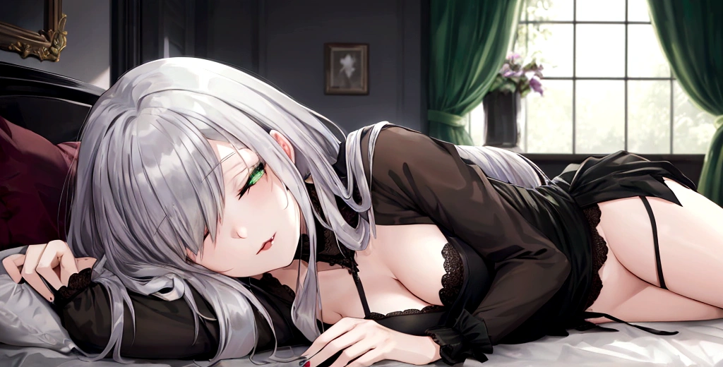 vampire,Silver Haired Girl,Green Eyes,Sleeping in bed