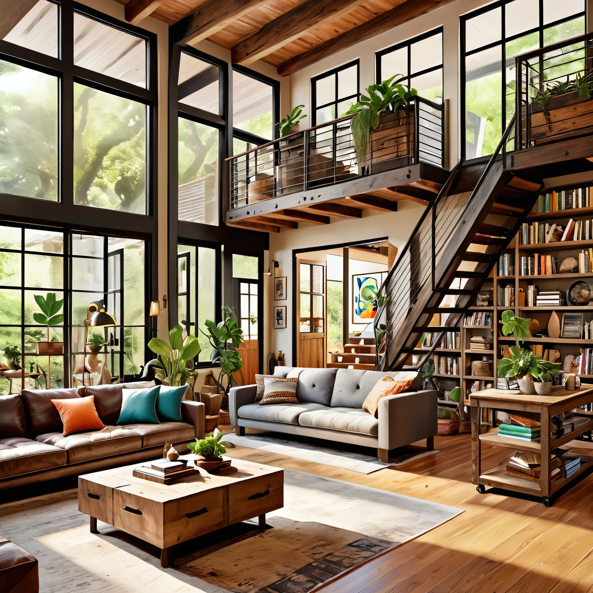 Design a cozy and eclectic open-plan living space featuring a mix of natural and rustic elements. The room includes a wooden staircase leading to a loft area, large potted plants, and bookshelves filled with books and decorative items. The living area has a comfortable sofa, a coffee table, and vibrant artwork on the walls. The space is illuminated by natural light coming through large windows, creating a warm and inviting atmosphere with a blend of modern and vintage decor