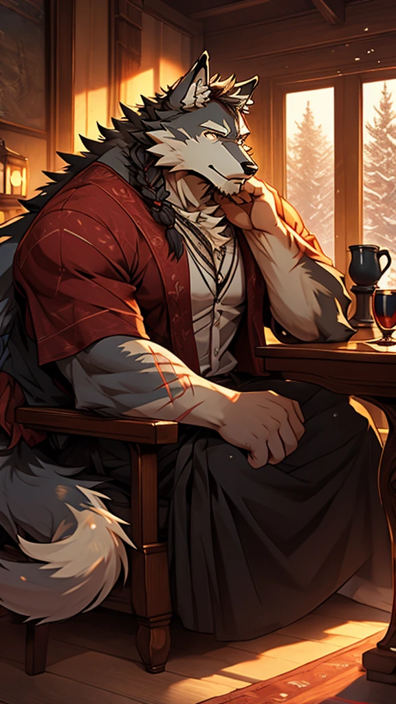(masterpiece), (photorealistic:1.4), (1boy), (detailed face:1.2), (wolf male:1.5), (old), (aged), (retired), (muscular build), (gray fur:1.3), (long white beard), (long white braided hair), (loose shirt), (sitting), (resting), (calm expression), (peaceful eyes), (many scars), (scar on face), (scar on body), (indoors), (warm atmosphere), (cold northern region), (room), (chair), (table), (cup), (fireplace), (fire), (window), (snow outside), (winter), (night), (dim lighting), (cinematic lighting)