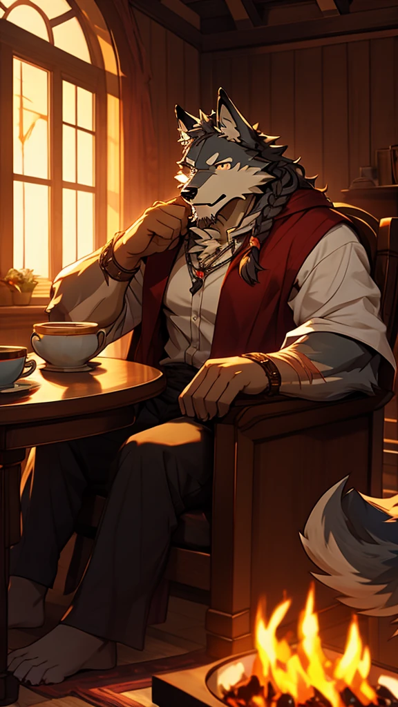 (masterpiece), (photorealistic:1.4), (1boy), (detailed face:1.2), (wolf male:1.5), (old), (aged), (retired), (muscular build), (gray fur:1.3), (long white beard), (long white braided hair), (loose shirt), (sitting), (resting), (calm expression), (peaceful eyes), (many scars), (scar on face), (scar on body), (indoors), (warm atmosphere), (cold northern region), (room), (chair), (table), (cup), (fireplace), (fire), (window), (snow outside), (winter), (night), (dim lighting), (cinematic lighting)