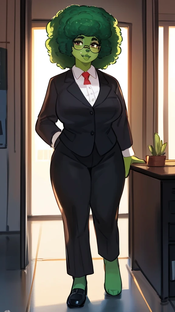 (Human), By bebebebebe, by lostgoose, by goonie-san, Solo, standing, black woman, office worker, glasses, big glossy lips, ((lip gloss)), Green lipstick, eyelashes, eyeliner, dark brown eyes, green curly hairstyle, Green hair, afro