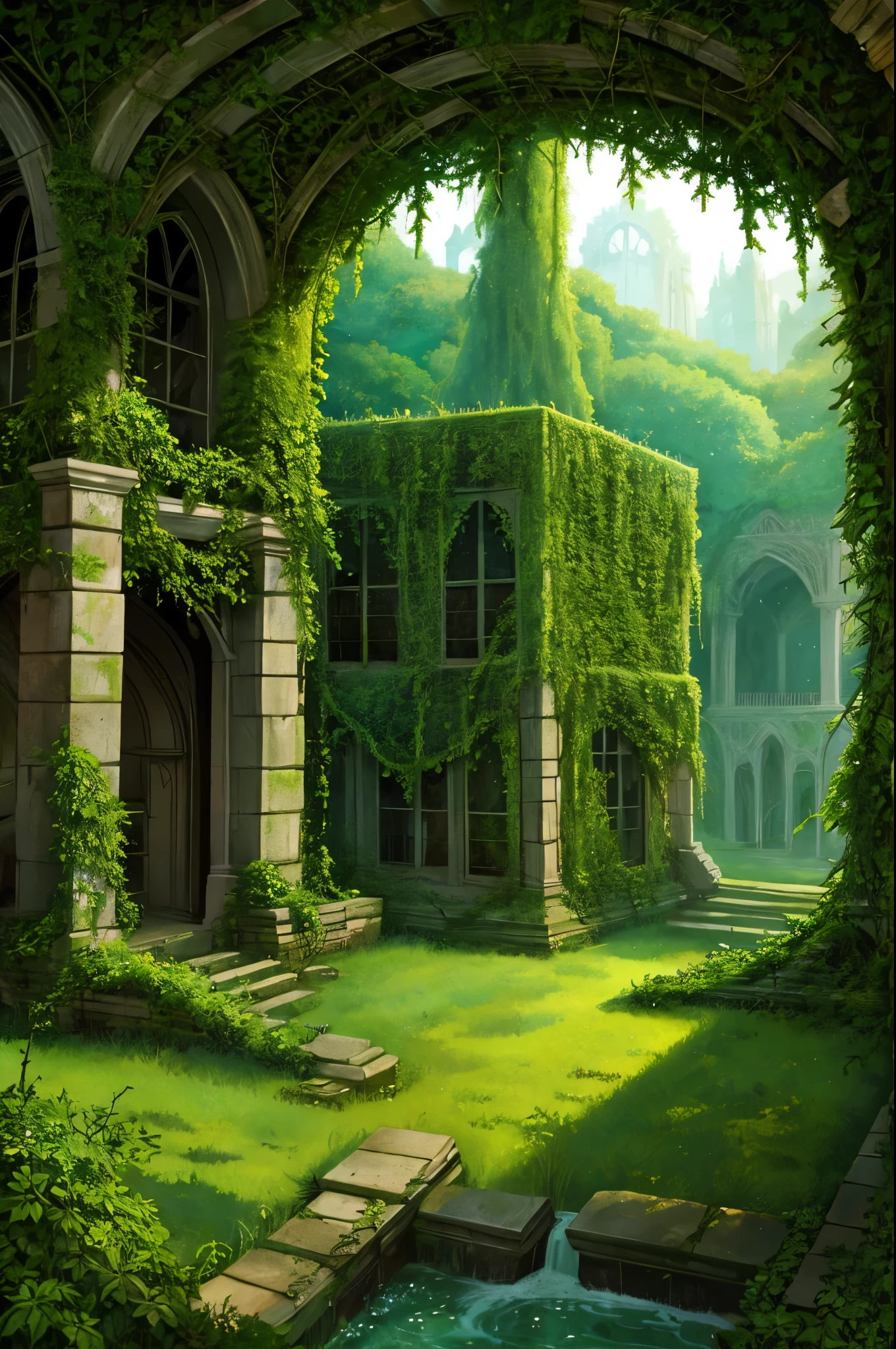 druidess, overgrown ruins, vines ivy and holly