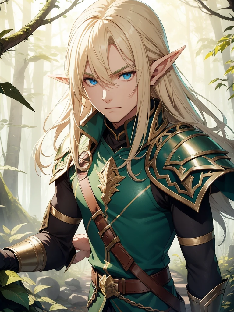 A male elf that possesses flowing blonde hair and striking blue eyes, typical of his elven heritage. He dresses in supple, forest-green leather armor crafted for agility and stealth, complemented by dark trousers and sturdy boots that allow him to move swiftly through the dense underbrush of Evershade Forest.