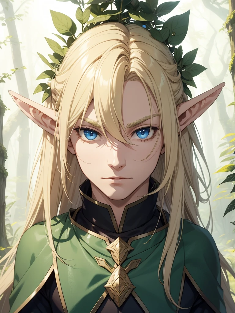 A male elf that possesses flowing blonde hair and striking blue eyes, typical of his elven heritage. He dresses in supple, forest-green leather armor crafted for agility and stealth, complemented by dark trousers and sturdy boots that allow him to move swiftly through the dense underbrush of Evershade Forest.