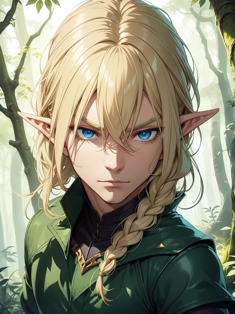 A male elf that possesses flowing blonde hair and striking blue eyes, typical of his elven heritage. He dresses in supple, forest-green leather armor crafted for agility and stealth, complemented by dark trousers and sturdy boots that allow him to move swiftly through the dense underbrush of Evershade Forest.