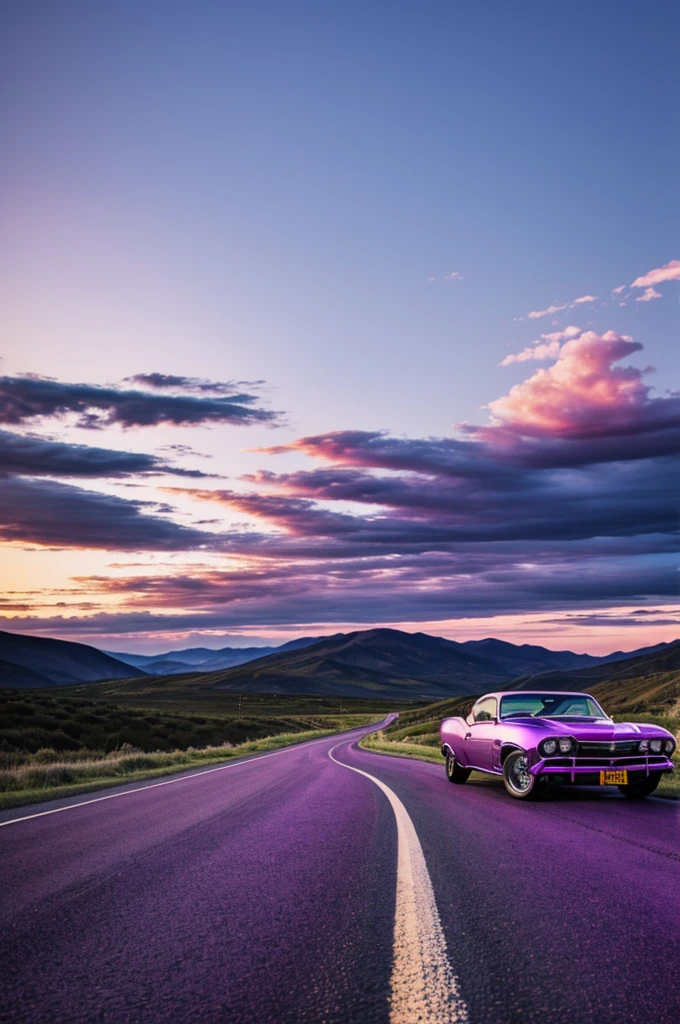 Road with a classic purple Chevrolet car, and the clouds are purple