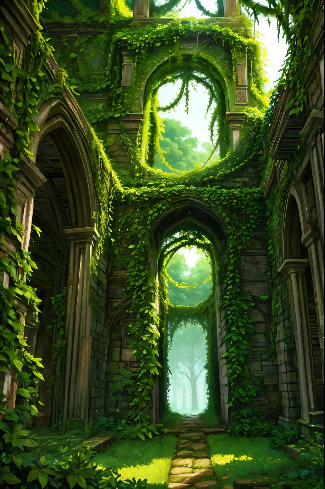 druidess, overgrown ruins, vines ivy and holly