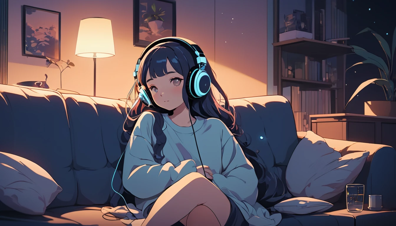 A girl with headphones on is sitting comfortably on a sofa at night, Wide-angle lens, Lofi Anime, Lofi illustration, Aesthetic atmosphere, Lo-Fi Style, Vector art, Flat Design, Simple shape, Warm tones, Pleasant atmosphere, Chill, In anime style, Digital drawing, Vector art, Vector logo for t-shirt printing, (Adorable:1.5), (small:1.4), (Playful:1.2), (soft:1.3), (Whimsical:1.1), masterpiece, Highest quality, 8K, Intricate details, grow, Celestial, Mysterious, Picturesque, amazing, Majestic, Magic, Fantasy art, Cover art, dream-like