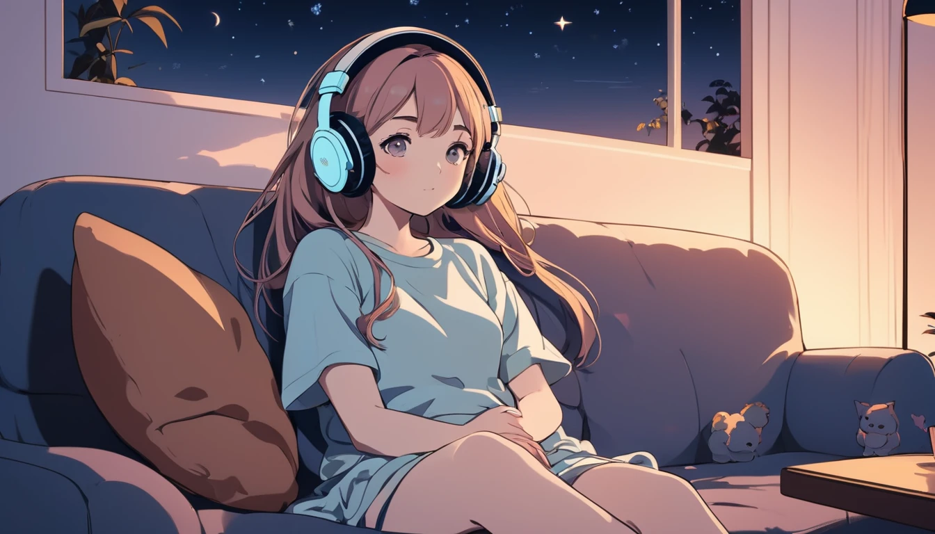 A girl with headphones on is sitting comfortably on a sofa at night, Wide-angle lens, Lofi Anime, Lofi illustration, Aesthetic atmosphere, Lo-Fi Style, Vector art, Flat Design, Simple shape, Warm tones, Pleasant atmosphere, Chill, In anime style, Digital drawing, Vector art, Vector logo for t-shirt printing, (Adorable:1.5), (small:1.4), (Playful:1.2), (soft:1.3), (Whimsical:1.1), masterpiece, Highest quality, 8K, Intricate details, grow, Celestial, Mysterious, Picturesque, amazing, Majestic, Magic, Fantasy art, Cover art, dream-like