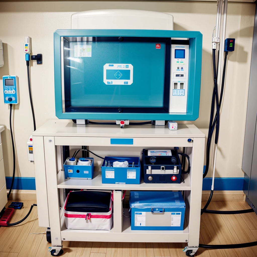 An rectangular big box top contains a adjustable screen ,at the middle need a iv infusion pump, at the side all vital equipment, another side handrub glove box , another side defibrillator . This is an digital emergency bedside box in hospital ward