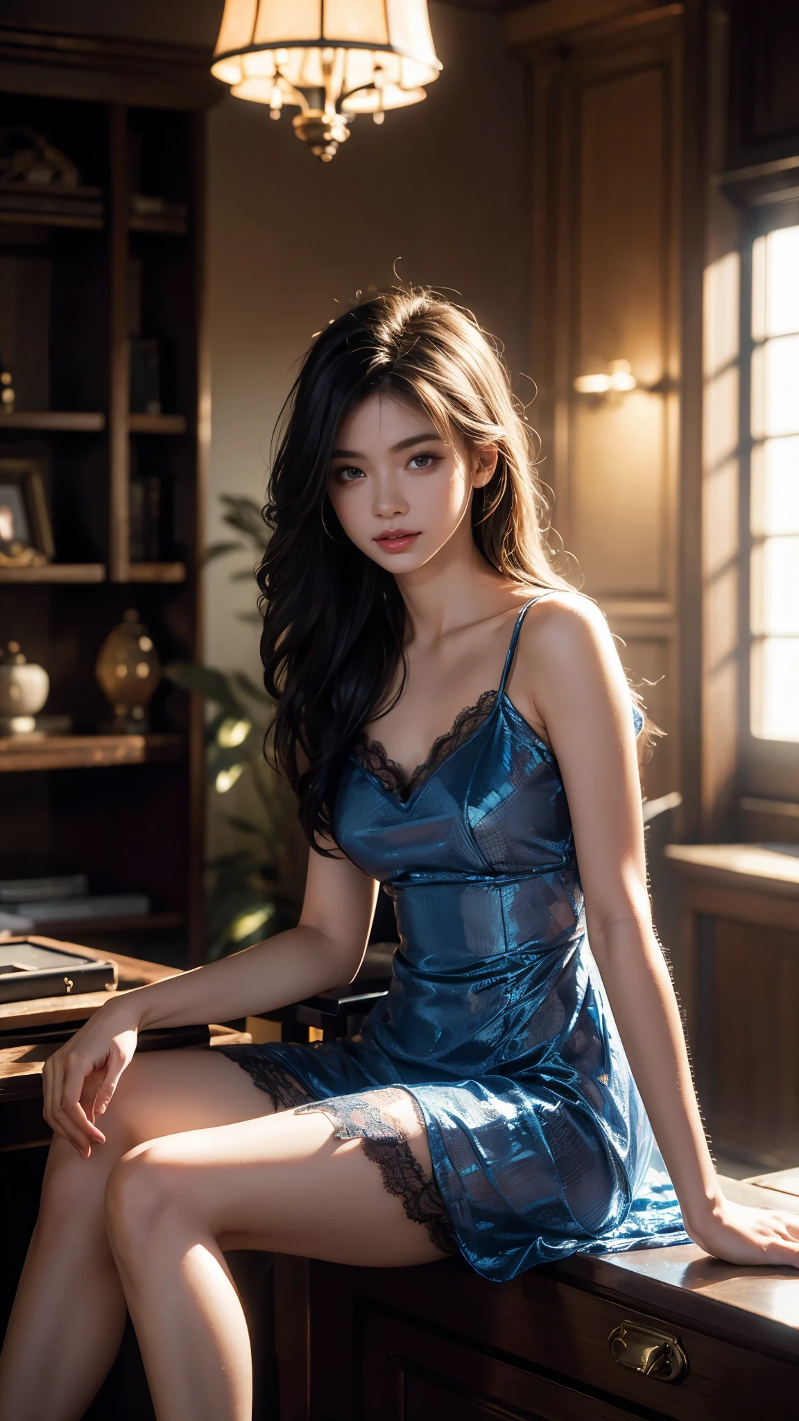 8K, UHD, MAsterpiece, best quality, 1 girl, (realistic face), happy pace, very long hair, small breasts, short clothing, very beautiful ornaments dress, blue color, lace, mesh clothing, sardine, loops, in the balcony, ipllers, depth of field, cinematic lighting, chromatic aberration, motion blur, glowing light, god rays, ray tracing, reflection light, backlighting, knee short, sitting,