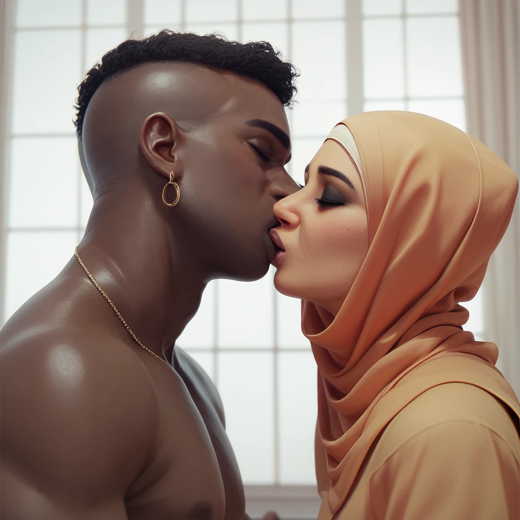 pale skin woman in straight hijab kissing foot of a African black man in room