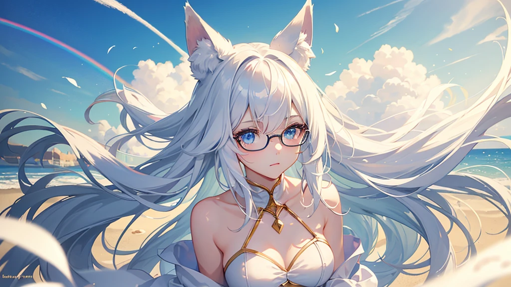 best quality, 8K, original photo, Ridiculous, Extremely detailed, Fox ears，, No makeup, Provocative expressions，slim, Perfect proportion, White straight hair, (wind, wind-effect), blue eyes, Various visual styles for backgrounds，combines various artistic elements，like a sparkling iridescent rainbow，White Fox Girl，swimsuit，Gold frame glasses