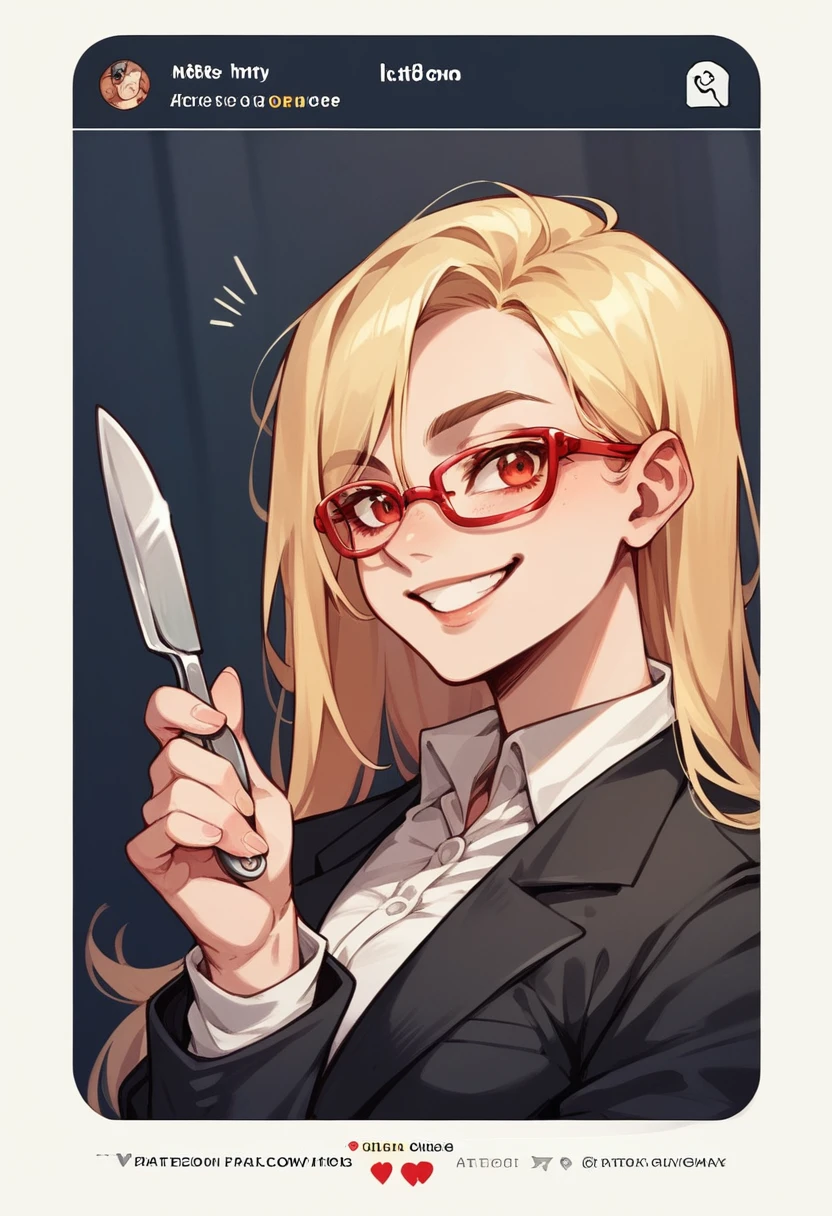 (avatar blonde woman alone smiling), (only the bust), (Black Suit), (Red glasses), (fork in one hand and knife in the other hand), (Instagram avatar style image).
