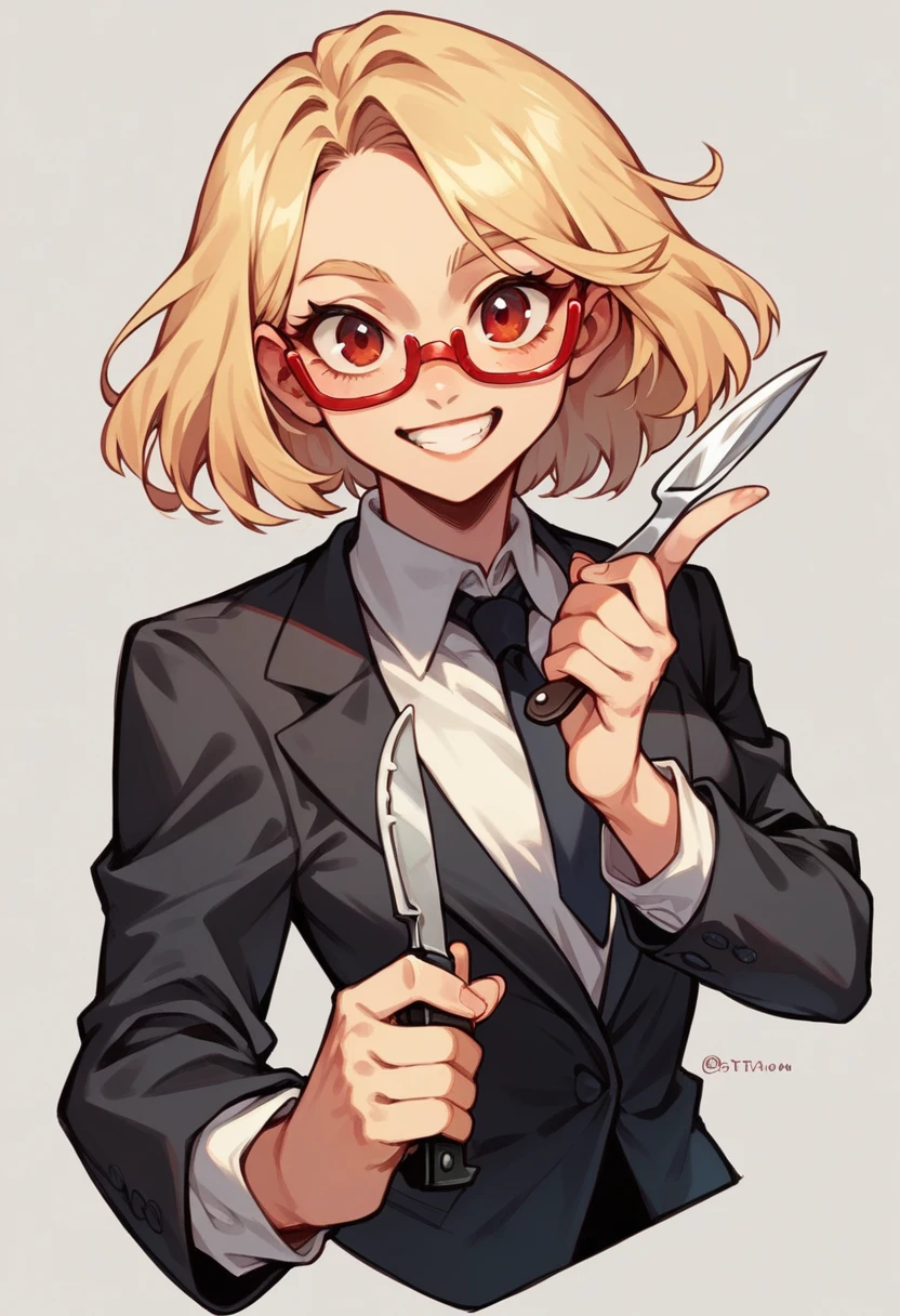 (avatar blonde woman alone smiling), (only the bust), (Black Suit), (Red glasses), (fork in one hand and knife in the other hand), (Instagram avatar style image).