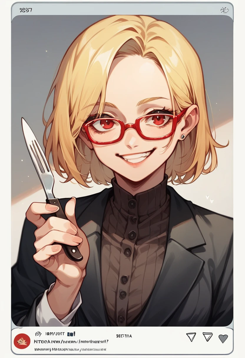 (avatar blonde woman alone smiling), (only the bust), (Black Suit), (Red glasses), (fork in one hand and knife in the other hand), (Instagram avatar style image).