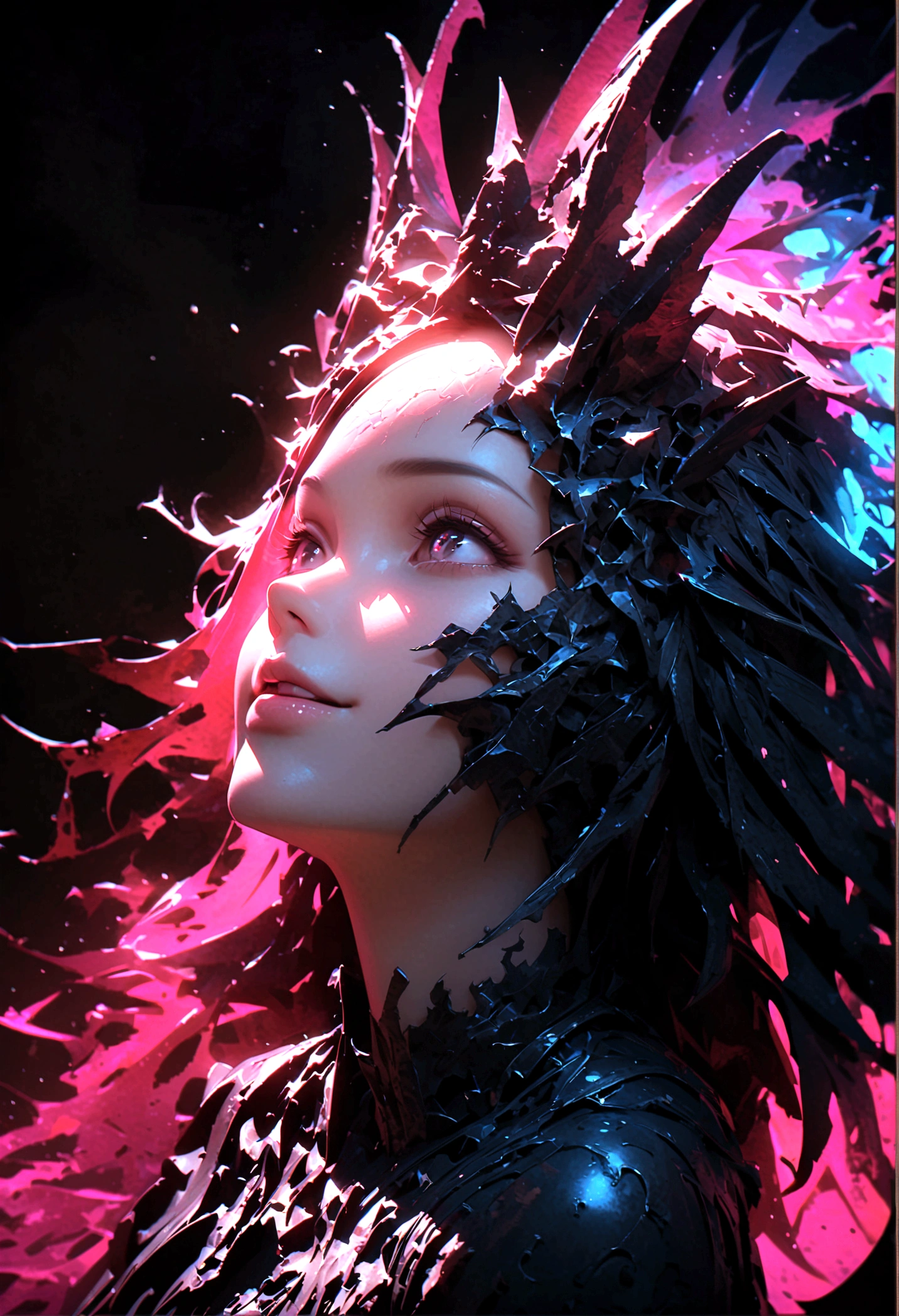 a portrait of a monster girl with a wide, sly smile with all of her pitch-black eyes facing upwards, scary , ultra wide-angle, Grainy , mysterious color , infrared lighting . Super detailed, photorealistic, splattered, spattered , cinematic light , black background , Cycles render, intricate artwork masterpiece , dreamy, glowing, backlit, glamour, vibrant, ultra high quality model, 4K