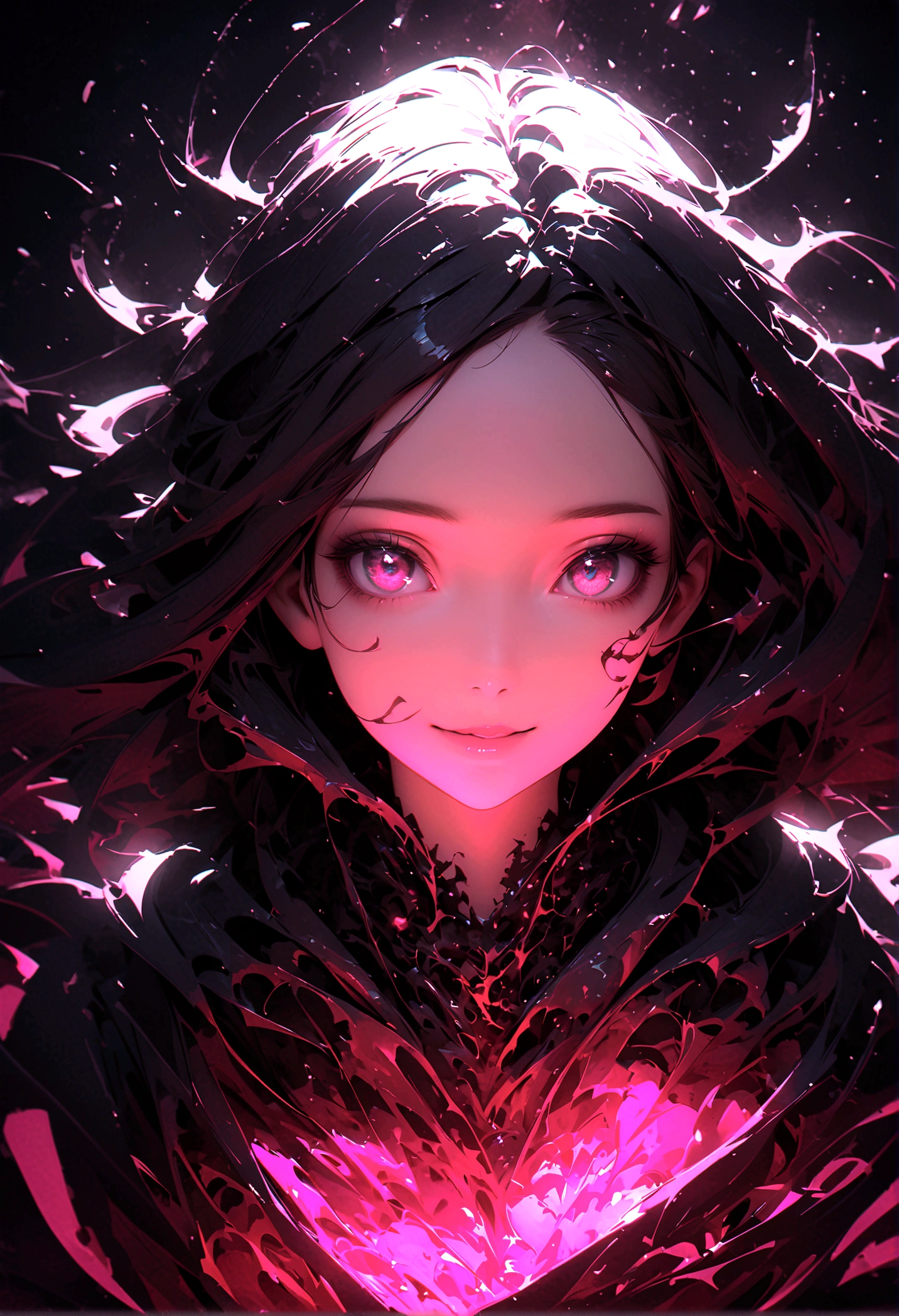 a portrait of a monster girl with a wide, sly smile with all of her pitch-black eyes facing upwards, scary , ultra wide-angle, Grainy , mysterious color , infrared lighting . Super detailed, photorealistic, splattered, spattered , cinematic light , black background , Cycles render, intricate artwork masterpiece , dreamy, glowing, backlit, glamour, vibrant, ultra high quality model, 4K