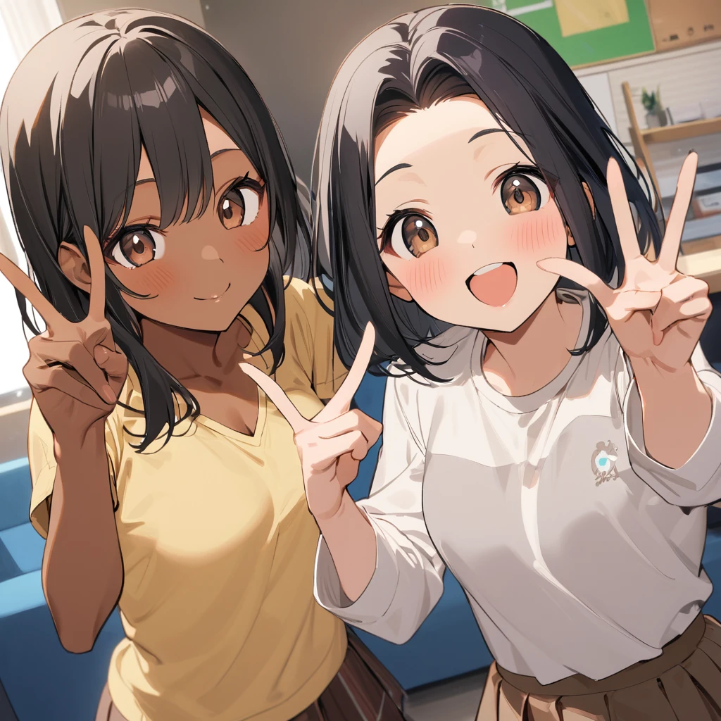 A confident smile, Making a peace sign,短いBlack Hair, Brown eyes,Brown Skin,two students demonstrating a gesture commonly associated with a peace sign while speaking by tele食事, skirt, Black Hair, indoor, smartphone, shirt, ((((complete fiでe fingers))))