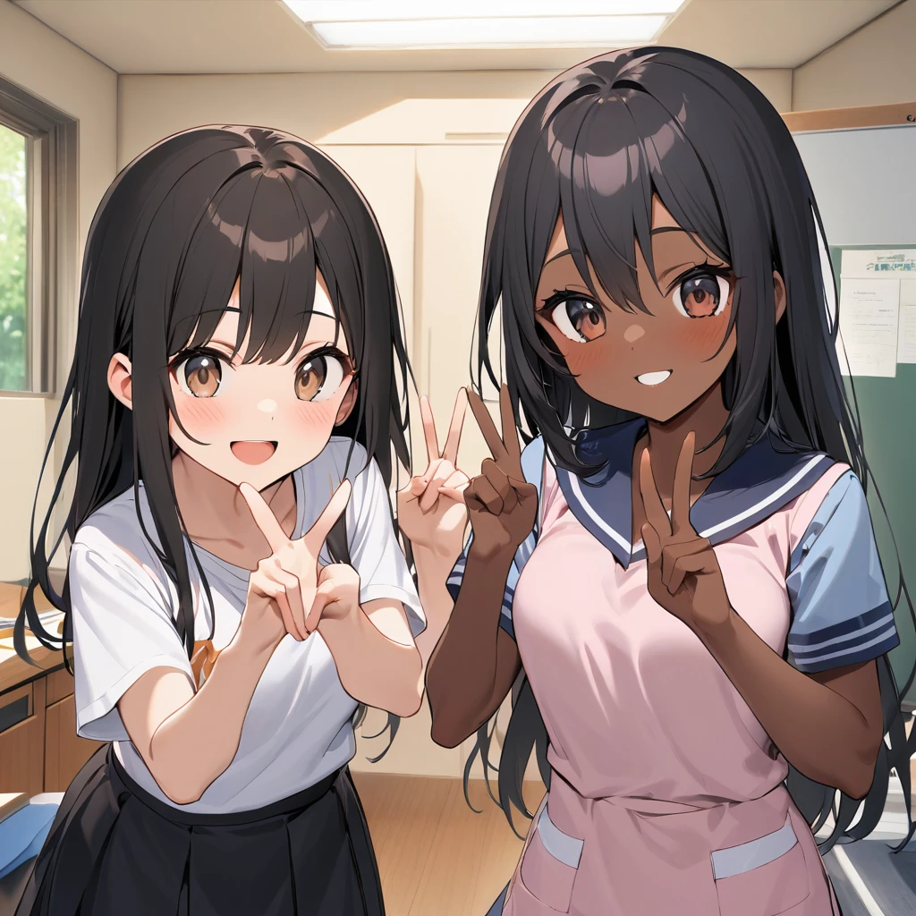 A confident smile, Making a peace sign,短いBlack Hair, Brown eyes,Brown Skin,two students demonstrating a gesture commonly associated with a peace sign while speaking by tele食事, skirt, Black Hair, indoor, smartphone, shirt, ((((complete fiでe fingers))))