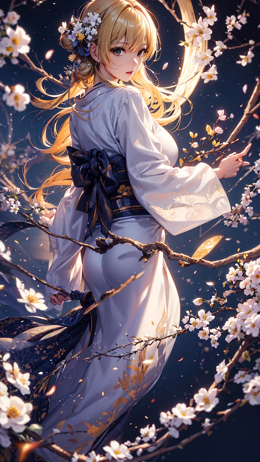 masterpiece, high quality, 4K, Beautiful design, silhouette,blonde, 非常に詳細な夜のStarry Sky,Flower Field, wonderful, Finer details, Very knowledgeable woman, Highly detailed solo, 1 female,Big Breasts,Big Ass,Underwear Line,Yukata in white color,Night view,Starry Sky,full moon,