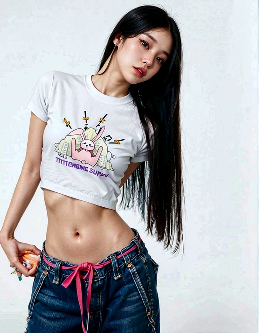 Araffe girl with long hair wearing a white shirt and jeans, thin girl photo model, jennie pink black, parque roseanne de blackpink, korean women's fashion model, jossi de blackpink, with short torn t-shirt, thin girl photo, gongbi, heonhwa choe, wearing short blouses, camisa y jeans kawaii