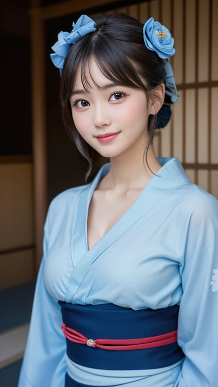 (One Girl), Very cute face, Great face and eyes, (Highly detailed eyes, Highly detailed face), Fresh, Very beautiful appearance, (超Realisticな, High resolution), (Highest quality:1.4), RAW Photos, (Realistic, Photorealistic:1.37), Professional photography, (Light blue floral yukata:1.5), (Open yukata), (Cleavage:1.2), (Bare shoulders), Smile a little, (Look at me), Bedroom, Portrait of a Girl,