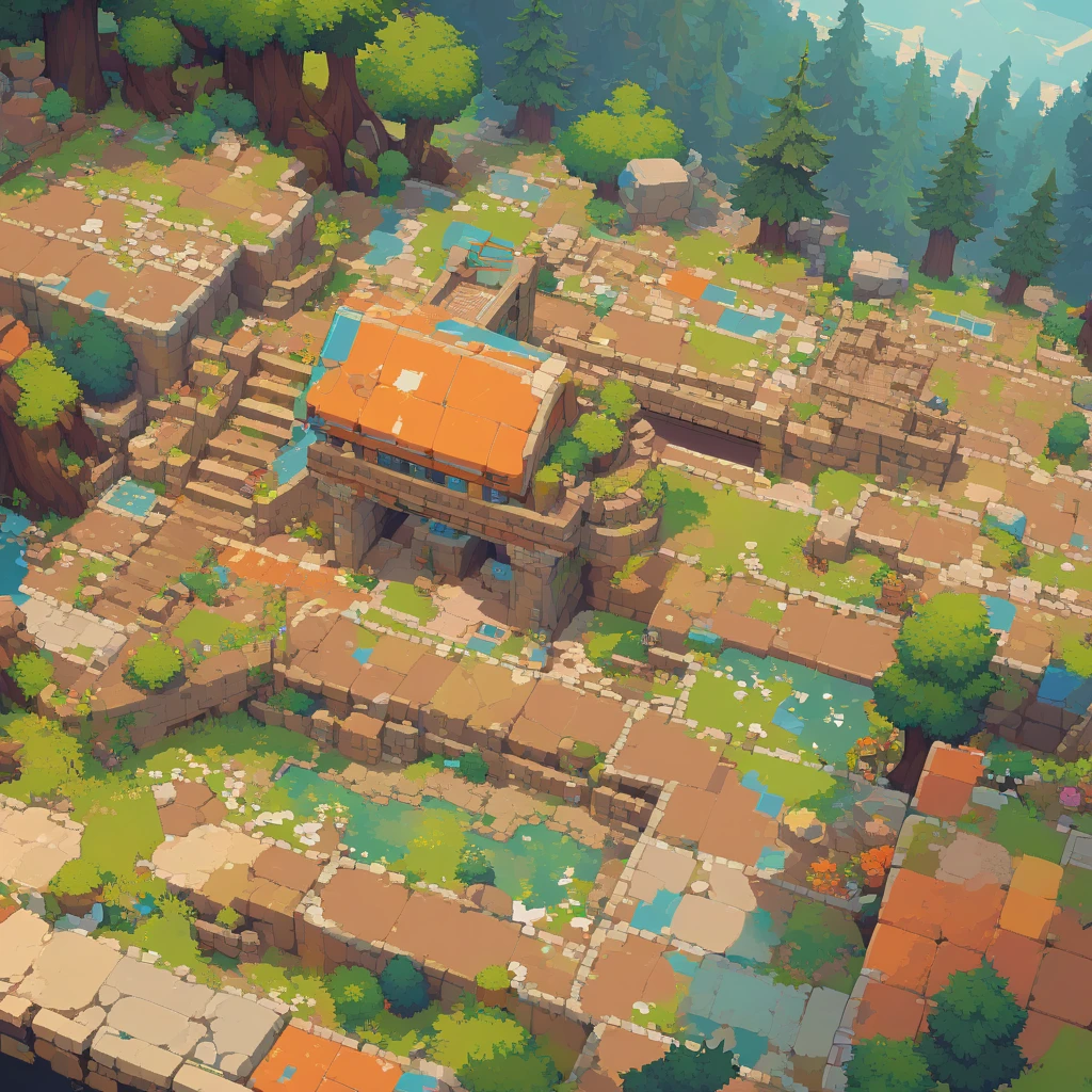retro video game style,pixelated, vibrant pastel colors,8-bit characters,blocky shapes,sharp lines,detailed shading,classic gaming vibe,nostalgic atmosphere,classic arcade games,masterpiece:1.2,ultra-detailed,illustration style, 2d texture, clay texture, stone texture, 4 k seamless mud texture, video game texture, dirt texture, tileset, game tiles, clay material, flat texture, grass, trees, rock texture, rocky ground, forest, topdown view, game texture, game art, ground very detailed, dirt, floor texture, tileable texture, flowers, bridge, river bridge, bushes, shrubs, intricate ground stone, top down view, 3/4th perspective