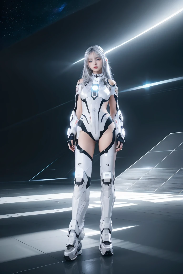 ((masterpiece, best quality, extremely detailed), volumetric lighting, ambient occlusion, colorful, glowing), 
1girl, solo, young girl, (silver hair), long hair, halo, aura, sacred, goddess, cyber suit, (white outfit:1.3), 
outdoors, sunset, sky, clouds, space, (cyberpunk theme:1.2),