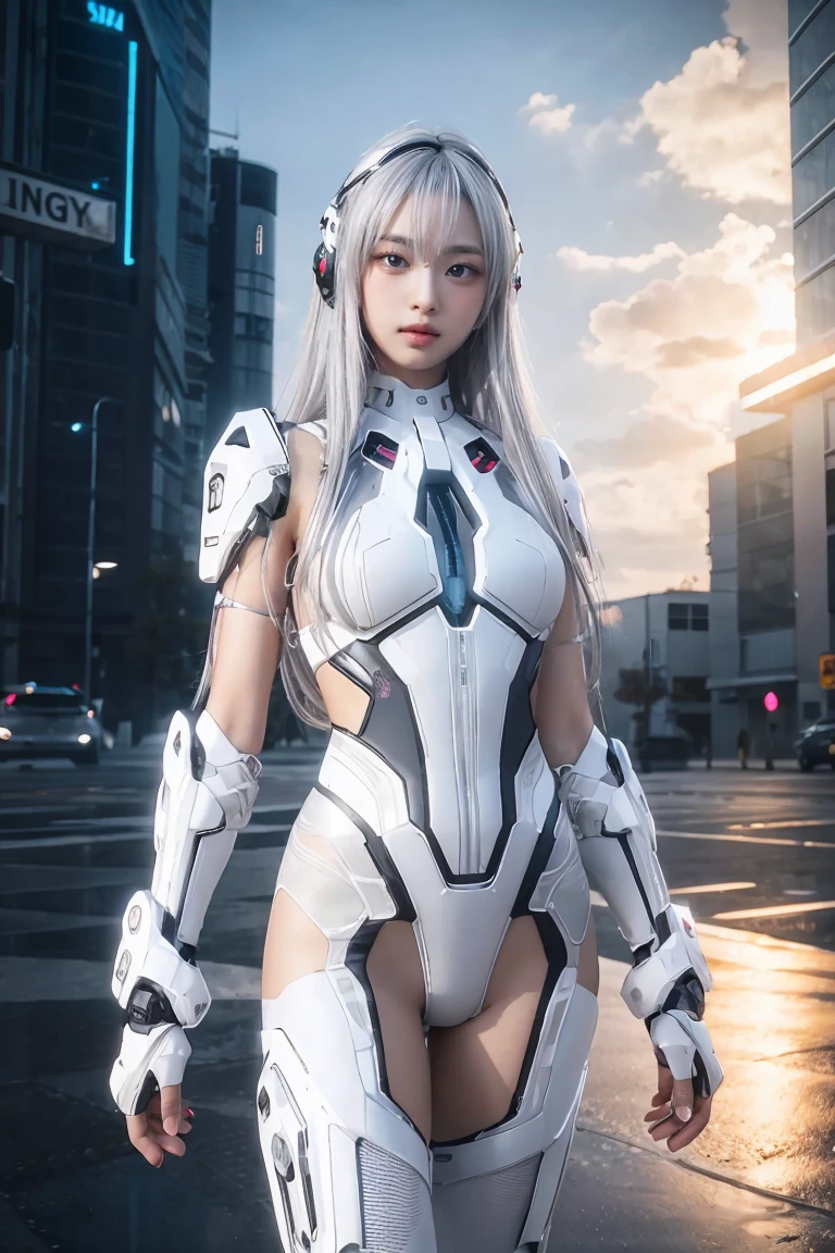 ((masterpiece, best quality, extremely detailed), volumetric lighting, ambient occlusion, colorful, glowing), 
1girl, solo, young girl, (silver hair), long hair, halo, aura, sacred, goddess, cyber suit, (white outfit:1.3), 
outdoors, sunset, sky, clouds, space, (cyberpunk theme:1.2),