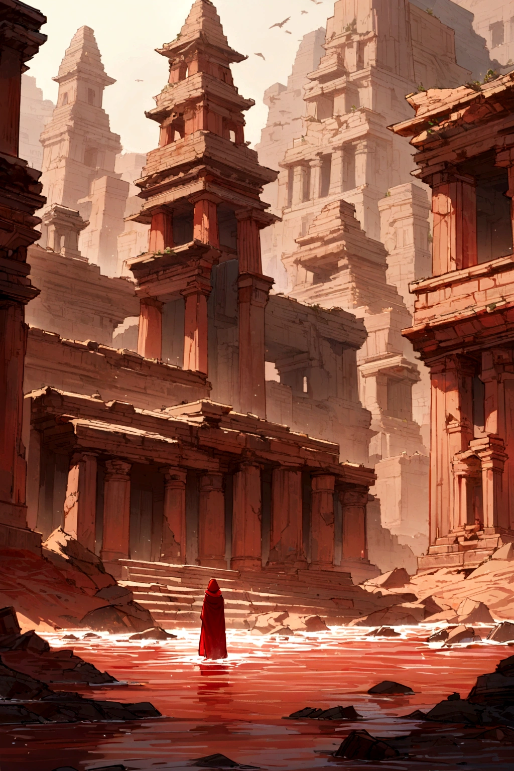 In a world after civilization has collapsed, A row of weathered ruins, standing in deep water, Ruins of a submerged temple,Standing there,Red long dress, Red Hood, long red scarf, A lot of red clothes are flying in the air, desert sand, high quality, 8K