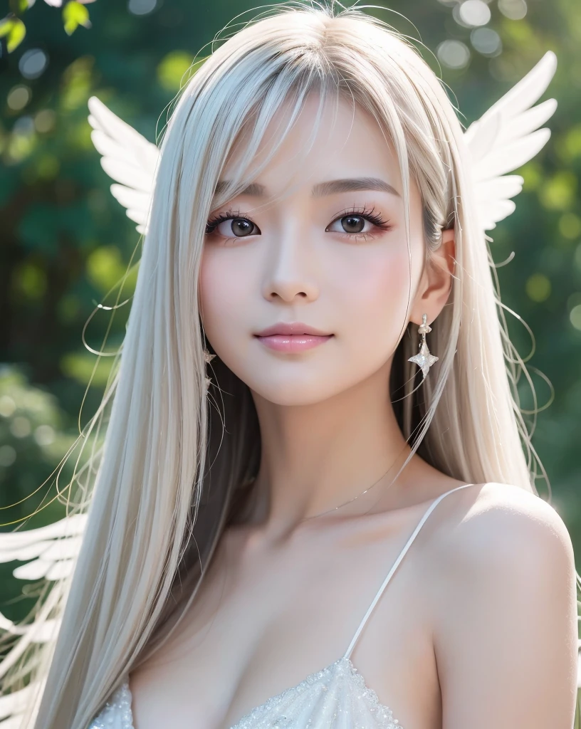 (Highest quality, 32k, High resolution, Masterpiece:1.5, ), marimo_jet, god々A photograph with brilliant dazzling and healing power., Evoking a sense of calm and elusive beauty, Expressing emotions, Have a rich imagination, Beautiful Japanese Girls, An exceptionally beautiful face, Small Face Beauty, Perfect Human Anatomy, Magical big eyes, Motherhood and generosity, Deep Love, fleeting smile, Shiny platinum white hair, Super Long Straight Silk Hair, Asymmetrical bangs, Hair between the eyes, Transparent, soft white skin, Sharp eyebrows, Thin lashes, Natural Makeup, Cheek highlighter, Pale pink detailed lips, Large, glowing white wings, Mysterious Wings, High resolutionの完璧な鎖骨, High resolutionの美しい胸元, Slim figure with ample breasts, High resolutionの美しい太もも, Shiny white one-piece dress, Detailed starry sky, Professional Lighting, Professional photographer, Professional models, god秘的