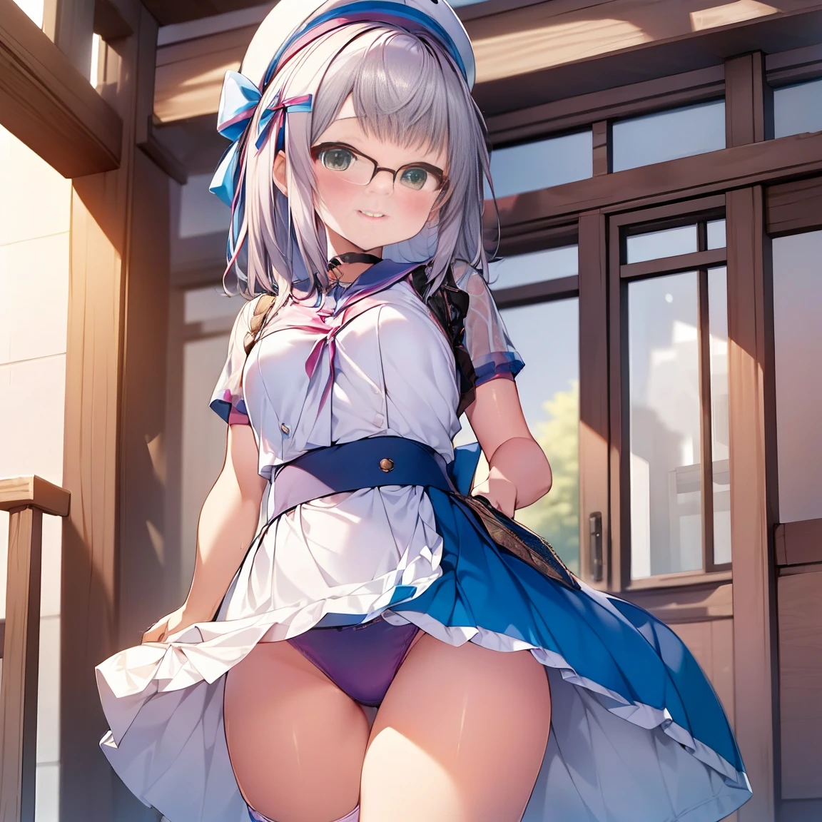 8K、masterpiece、Japanese、Woman wearing glasses、Neon(nod)、from the front、smile、Childish、Small breasts、See-through underwear、night、Bedroom、Show your underwear、mini skirt