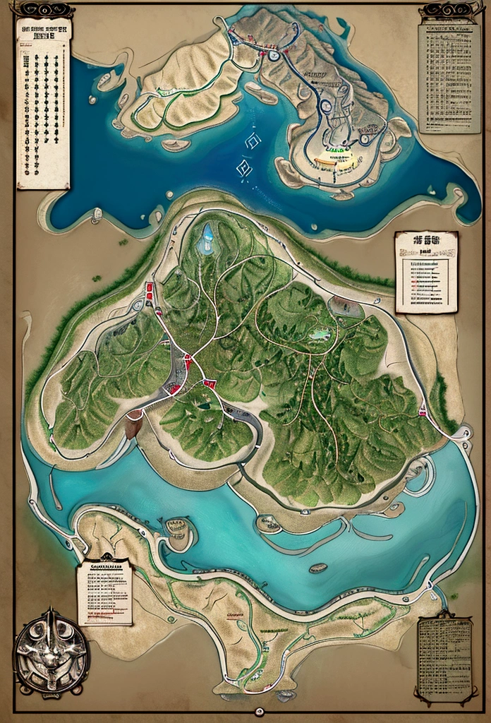 阿拉法morality地图，In the middle of the map are hills，The north of the map is high ground，There is a basin in the south，There are many lakes，To the west is the desert，To the east is the plain，There are many rivers，Surrounded by the sea，Fantasy cartography，Game Map，moralityetailed map，Steam Workshop Map，morality＆morality style fantasy map design，A top-down view
