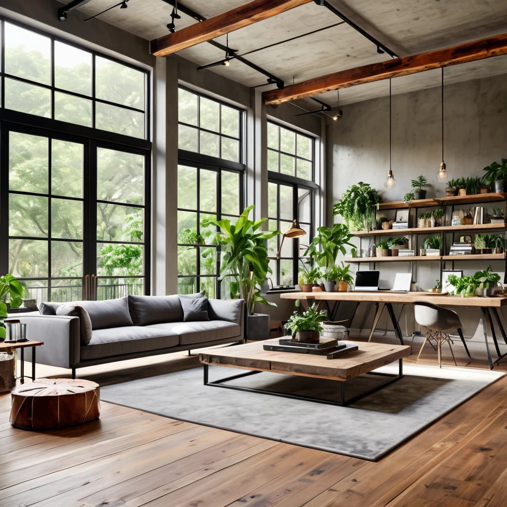 Design a modern and industrial open-plan living space featuring large windows with abundant natural light, exposed ductwork, and a mix of contemporary and rustic elements. The room includes a comfortable gray sofa, a stylish coffee table, and a workspace with a wooden desk and laptop. Add a variety of indoor plants, including tall potted plants and hanging greenery, to bring a touch of nature indoors. The space should have a warm and inviting atmosphere with eclectic decor and artistic touches, such as framed posters and unique lighting fixtures. Ensure the flooring is a blend of polished concrete and warm wood accents.