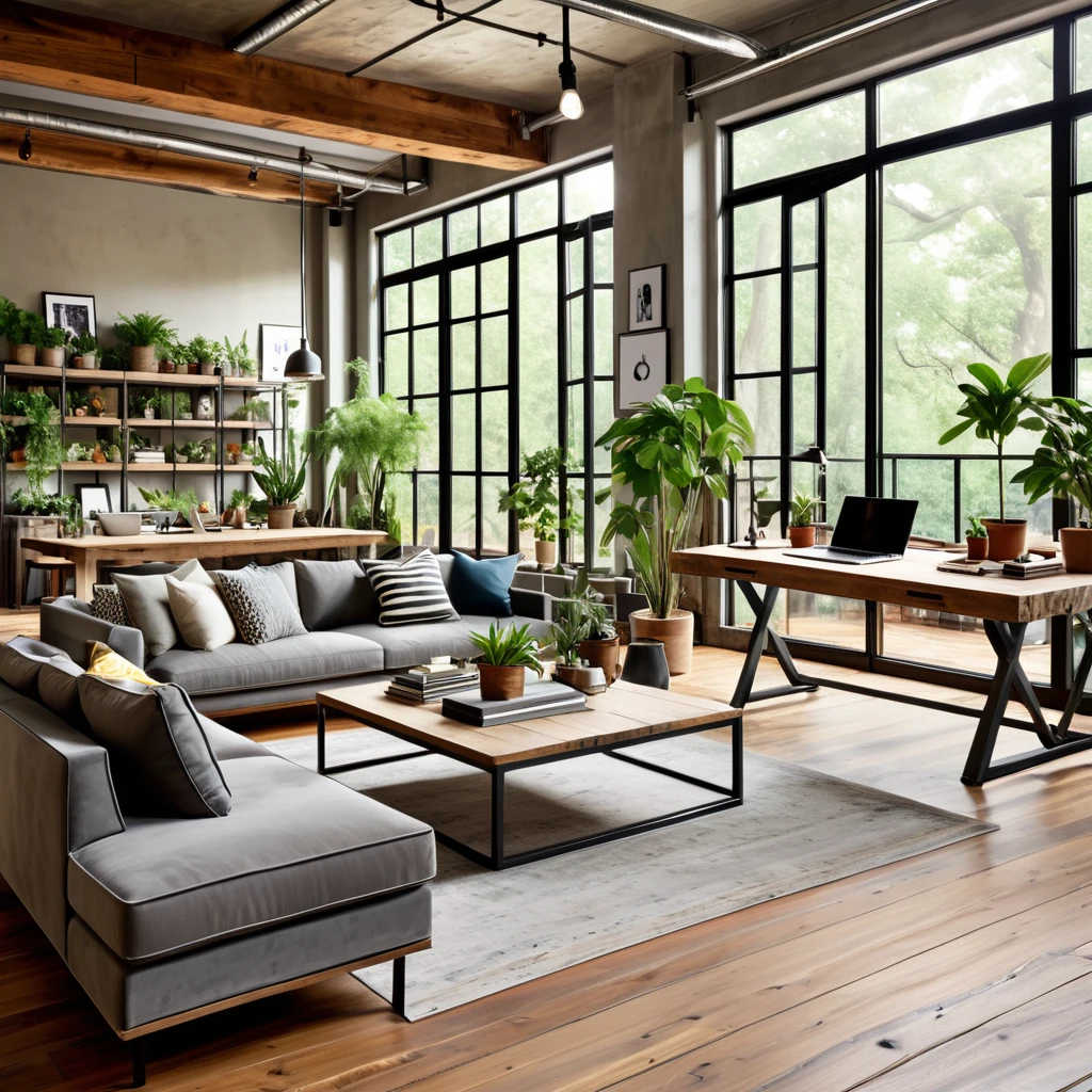 Design a modern and industrial open-plan living space featuring large windows with abundant natural light, exposed ductwork, and a mix of contemporary and rustic elements. The room includes a comfortable gray sofa, a stylish coffee table, and a workspace with a wooden desk and laptop. Add a variety of indoor plants, including tall potted plants and hanging greenery, to bring a touch of nature indoors. The space should have a warm and inviting atmosphere with eclectic decor and artistic touches, such as framed posters and unique lighting fixtures. Ensure the flooring is a blend of polished concrete and warm wood accents.