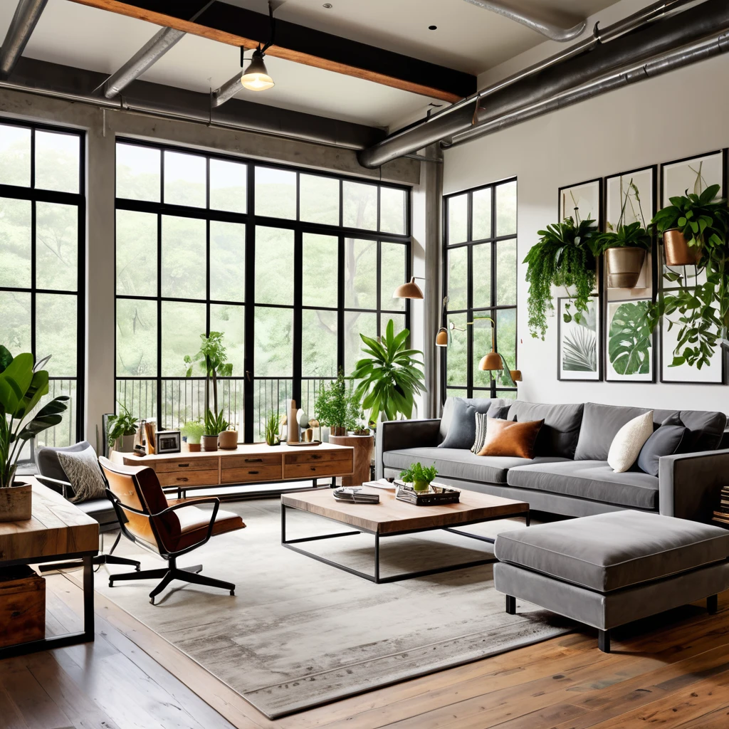 Design a modern and industrial open-plan living space featuring large windows with abundant natural light, exposed ductwork, and a mix of contemporary and rustic elements. The room includes a comfortable gray sofa, a stylish coffee table, and a workspace with a wooden desk and laptop. Add a variety of indoor plants, including tall potted plants and hanging greenery, to bring a touch of nature indoors. The space should have a warm and inviting atmosphere with eclectic decor and artistic touches, such as framed posters and unique lighting fixtures. Ensure the flooring is a blend of polished concrete and warm wood accents.