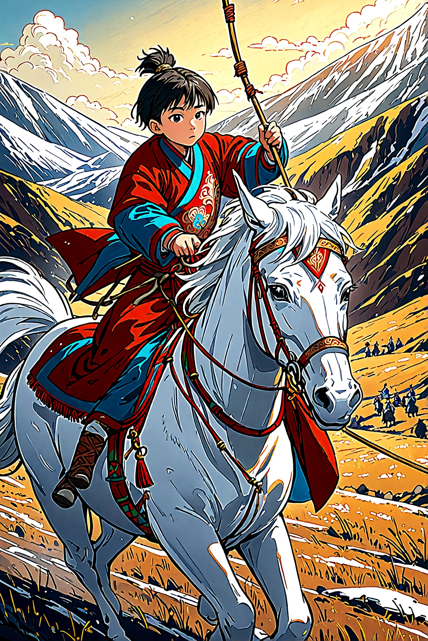 A bravery youth boy wearing Mongolian clothes riding on a white horse and dragging a bow.