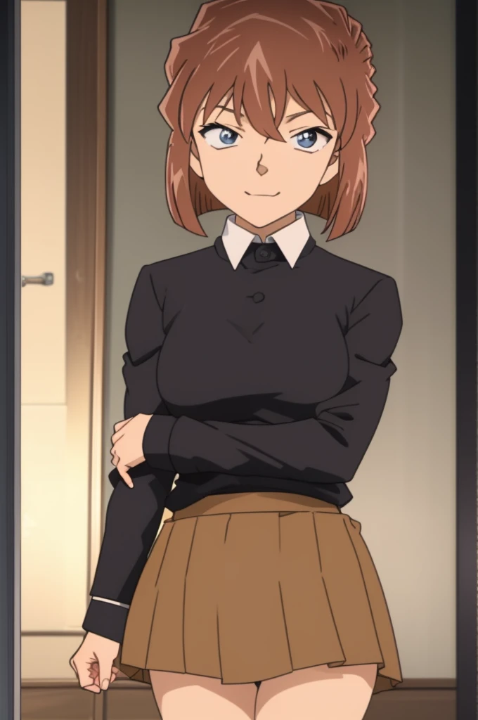 masterpiece,best quality,8k Illustration,Haibara Ai,Aoyama Gangsho style,Flowing hair,Smooth lines,best quality,The finest details,Brown hair blue eyes girl,Actress,Medium shot,The best background,Best quality,The brightest smile,Ultra Detailed,Best Illustration,The best shadow,Solitary,Uniforms, Black jacket,Light pink shirt inside, (jk brown skirt:1.2), Black knee socks, Looking at the audience, Put your hands behind your back,Small Breasts,The best costumes,Best starry night,The most beautiful proportion,The best wavy short hair,The most realistic human body structure,Only one person