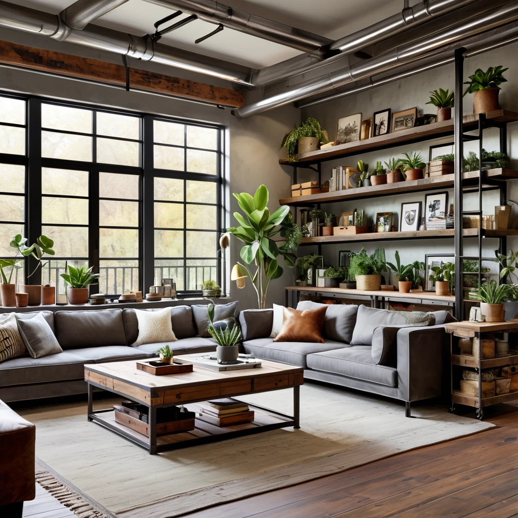 Create a cozy and stylish loft-style living area with industrial elements. The space features large windows that let in plenty of natural light, exposed metal ductwork, and a mix of modern and rustic decor. The living area includes a plush gray sofa, a wooden coffee table, and a dedicated workspace with a desk, chair, and laptop. Incorporate various indoor plants throughout the room, including large potted plants and smaller ones on shelves and tables. Add artistic and personal touches such as framed prints, decorative items, and an inviting lighting scheme to enhance the warm and eclectic atmosphere.