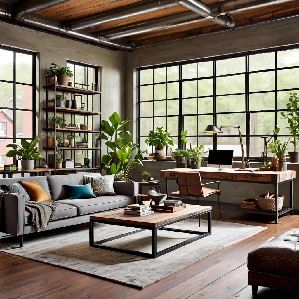Create a cozy and stylish loft-style living area with industrial elements. The space features large windows that let in plenty of natural light, exposed metal ductwork, and a mix of modern and rustic decor. The living area includes a plush gray sofa, a wooden coffee table, and a dedicated workspace with a desk, chair, and laptop. Incorporate various indoor plants throughout the room, including large potted plants and smaller ones on shelves and tables. Add artistic and personal touches such as framed prints, decorative items, and an inviting lighting scheme to enhance the warm and eclectic atmosphere.