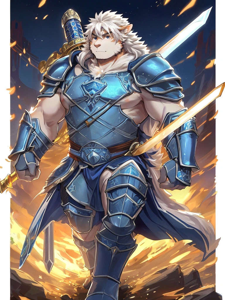 (((a furry sheep))), white fur, (((shoulder long silky hair))), (((handsome, slim fit, small face, ikemen))), paladin, (((white sheep))), ((dark blue armor)), full body, tall, smooth hair, sword and shield,