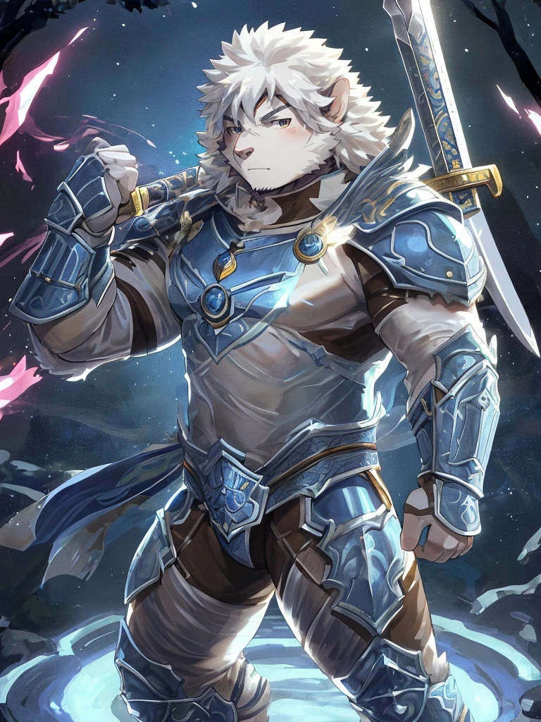 (((a furry sheep))), white fur, (((shoulder long silky hair))), (((handsome, slim fit, small face, ikemen))), paladin, (((white sheep))), ((dark blue armor)), full body, tall, smooth hair, sword and shield,