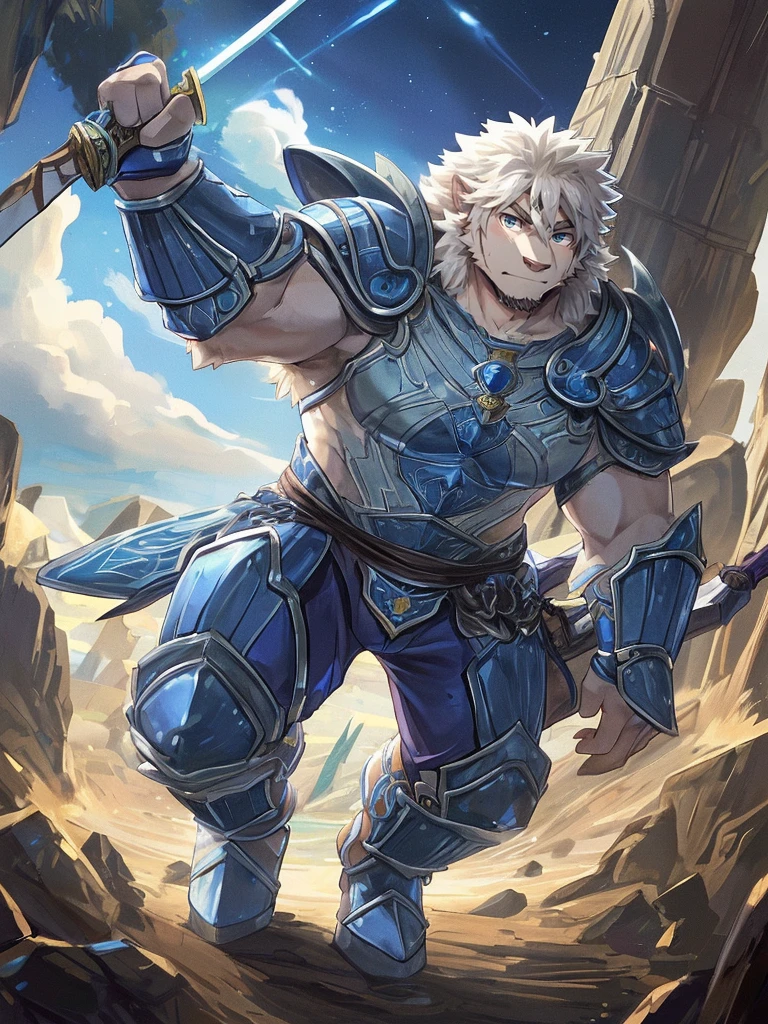 (((a furry sheep))), white fur, (((shoulder long silky hair))), (((handsome, slim fit, small face, ikemen))), paladin, (((white sheep))), ((dark blue armor)), full body, tall, smooth hair, sword and shield,