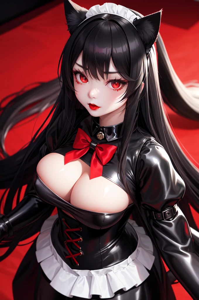 1 girl、Detailed facial details，Cat ear，Black long hair,Red lips，Slim，Large Breasts，Wearing black latex tights maid outfit，silk garment，Maid headdress，With red bow tie，Charming red eye,，Handcuffs，collar，Radiant Skin，Bright castle，Medieval Castle