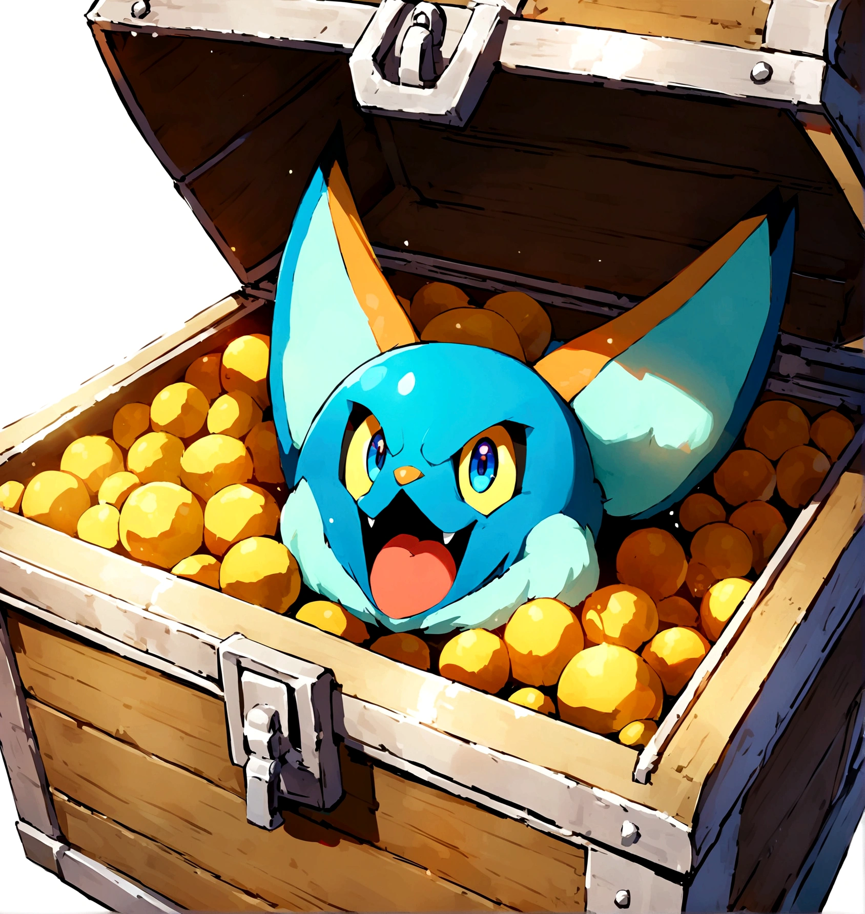 solo, open mouth, blue eyes, simple background, white background, pokemon \(creature\), treasure chest