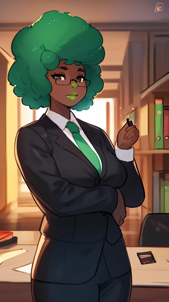 (Human), By bebebebebe, by lostgoose, by goonie-san, Solo, standing, black woman, office worker, glasses, big glossy lips, ((lip gloss)), Green lipstick, eyelashes, eyeliner, dark brown eyes, green curly hairstyle, afro
