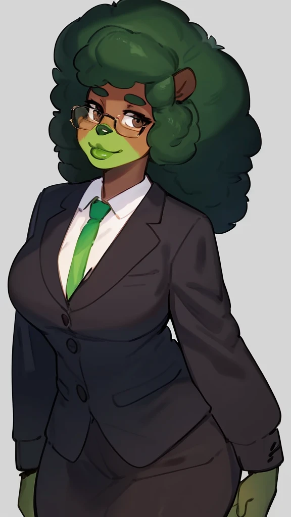 (Human), By bebebebebe, by lostgoose, by goonie-san, Solo, standing, black woman, office worker, glasses, big glossy lips, ((lip gloss)), Green lipstick, eyelashes, eyeliner, dark brown eyes, green curly hairstyle, afro