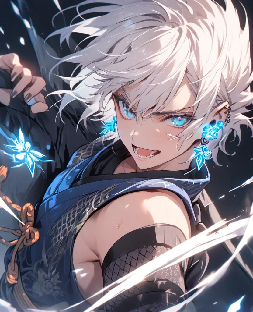 Boy,Glittery earrings,Blue glowing tattoo, Short white hair, blue eyes, Ninja